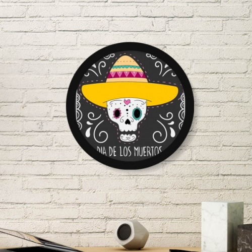 礼帽花心形骷髅头墨西哥文化亡灵节快乐插图 圆形简约装饰画家居装饰画框礼品礼物