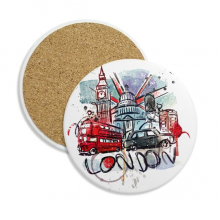 汽车巴士英国地标标记插画 圆形杯垫水杯隔热垫2片装礼品礼物