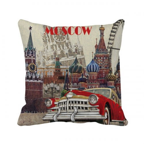 Red Classic Cars Moscow Illustration Throw Pillow Sleeping Sofa Cushion Cover