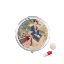 簪花汉服美女中国工笔画 圆形药盒便携镜子迷你药丸盒子礼物