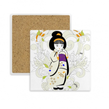 日本文化彩色可爱和服少女和风菊花艺术图案 方形陶瓷杯垫水杯隔热垫2片装礼品礼物