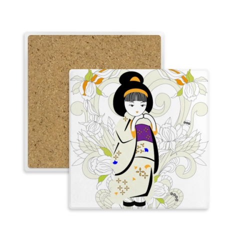 日本文化彩色可爱和服少女和风菊花艺术图案 方形陶瓷杯垫水杯隔热垫2片装礼品礼物