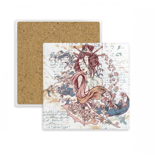 geisha kimono fan japan waves square coaster cup mat mug subplate holder insulation st