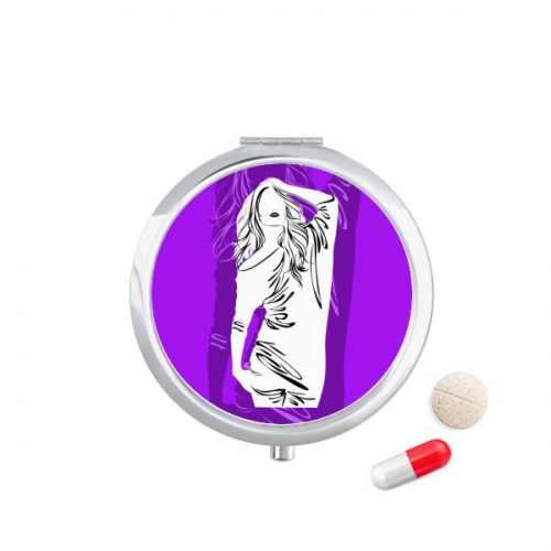 紫色美丽长发女人 圆形药盒便携镜子迷你药丸盒子礼物