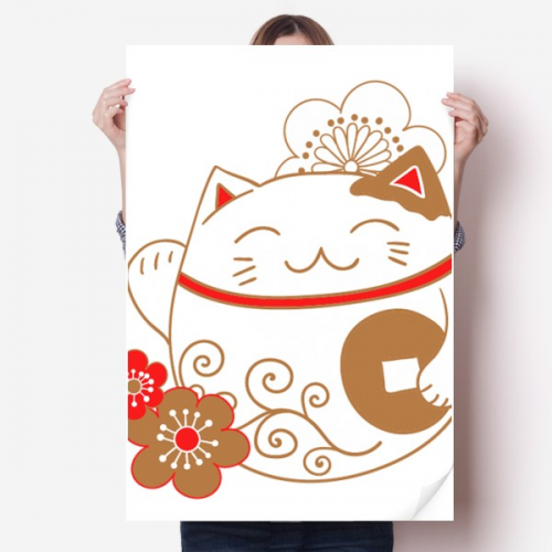 Japan Lucky Fortune Cat Flower Copper Sticker Decoration Poster Playbill Wallpaper Window Decal