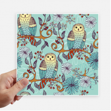蓝色花猫头鹰保护动物爱宠人士 方形贴纸20cm摩托电脑贴画旅行箱装饰4片