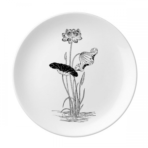 荷花荷叶水植物黑白插画 陶瓷餐盘子8寸月光盘餐具家居礼物