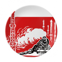 火车铁塔蒸汽红色插画 陶瓷餐盘子8寸月光盘餐具家居礼物