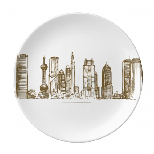 中国上海地标城市风景素描插画 陶瓷餐盘子8寸月光盘餐具家居礼物