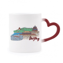 手绘天安门故宫鸟巢北京中国 加热变色陶瓷马克杯红色心形把手