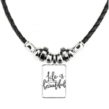 life is beautiful quote necklace jewelry torque leather  pendant