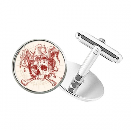 red  crown skeleton poker card pattern round button cuff clip stud cufflinks