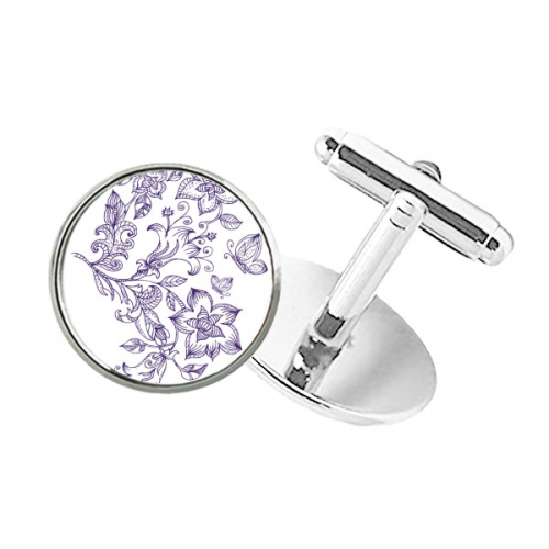 Lilac Decorative Classic Pattern Round Button Cuff Clip Stud Cufflinks