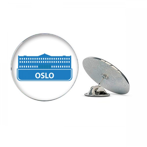 Oslo Norway Blue Landmark Pattern Round Metal Tack Hat Pin Brooch