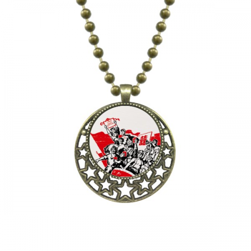 红旗锣鼓爱人民语录红色插画 项链复古月亮吊坠礼物