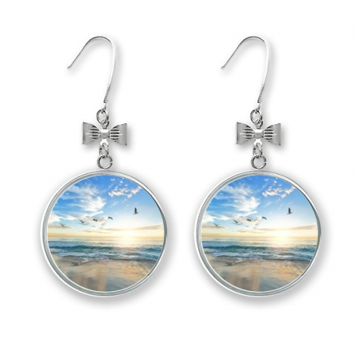 ocean sand beach bird sea picture bow ears drop stud pierced hook