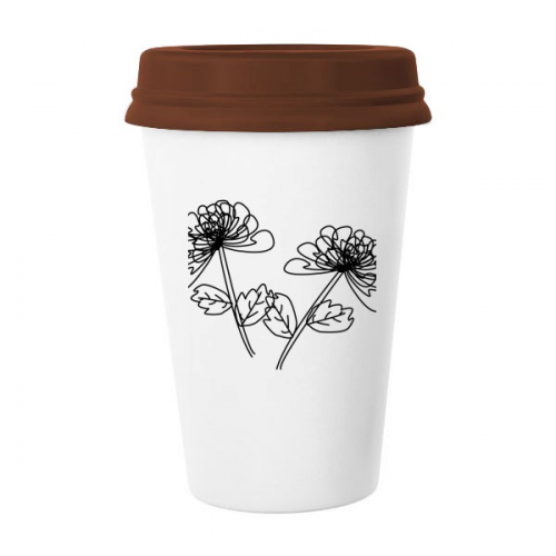 Hand Drawn Chrysanthemum Line Illustration Mug Coffee Drinking Glass Pottery Cerac Cup Lid