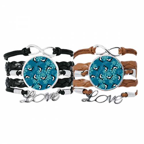 cartoon dolphins whales blue waves bracelet hand strap leather  wristband double set 