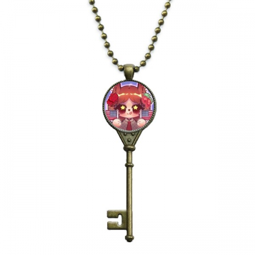 松鼠美国旗玫瑰花 复古钥匙项链吊坠锁骨链