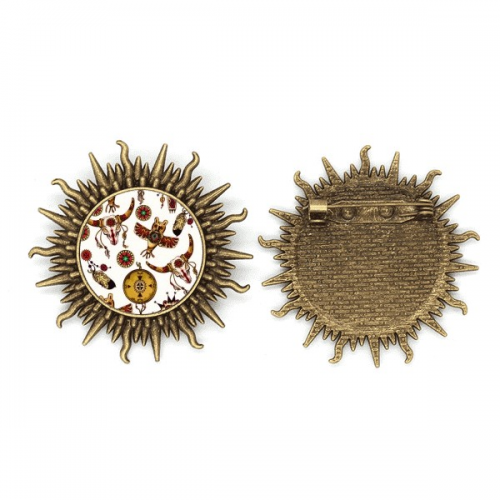 猫头鹰图腾头骨羽毛印第安文化 复古金属太阳胸针挂钩别针