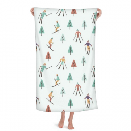 Winter Sport Skiing Athlete Cartoon Illustration Hand Towel Bath Facecloth Soft Cotton Washcloth