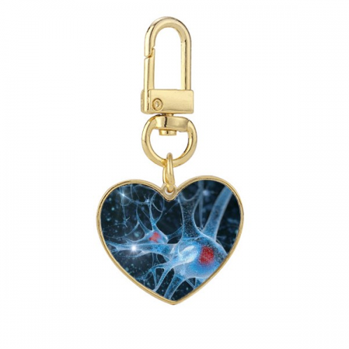 Brain Cell Picture Details Pattern Gold Heart Keychain Metal Keyring Holder