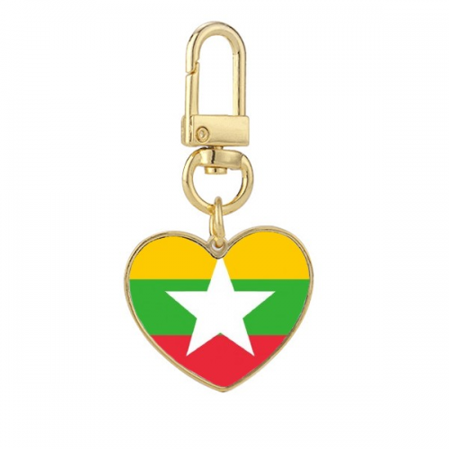 Myanmar National Flag Asia Country Gold Heart Keychain Metal Keyring Holder