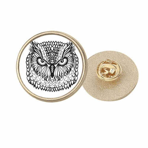 Big Eyes Owl Bird Animal Portrait Sketch Round Metal Golden Pin Brooch Clip