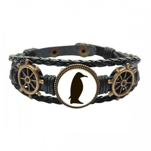 黑色企鹅动物剪影 海洋船舵皮革手链腕带礼物