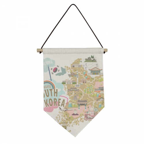韩国旅行景点地图 帆布卷轴挂画艺术装饰三角旗