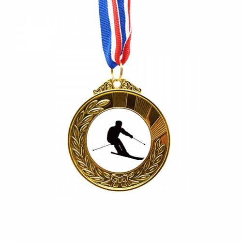 Black Winter Sport Skiing Outline Gold Award Winner Medal First Place Ribbon