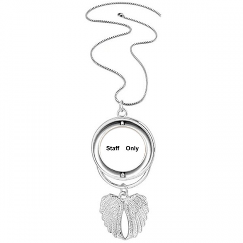 Staff Only Black Symbol Pattern Pendant Angel Wings Rotating Necklace Jewelry