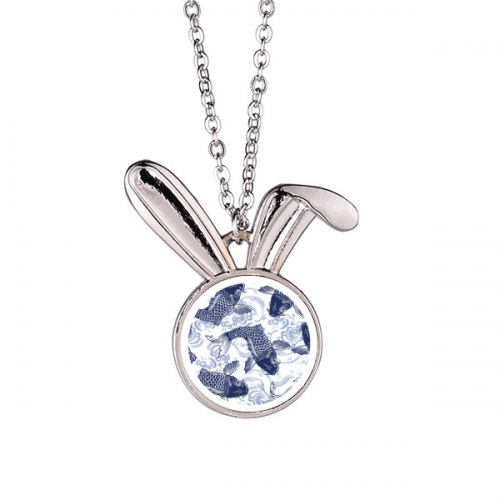 Carp Wave Blue Pattern Japan Rabbit Necklace Pendant Bunny Animal Jewelry Gift