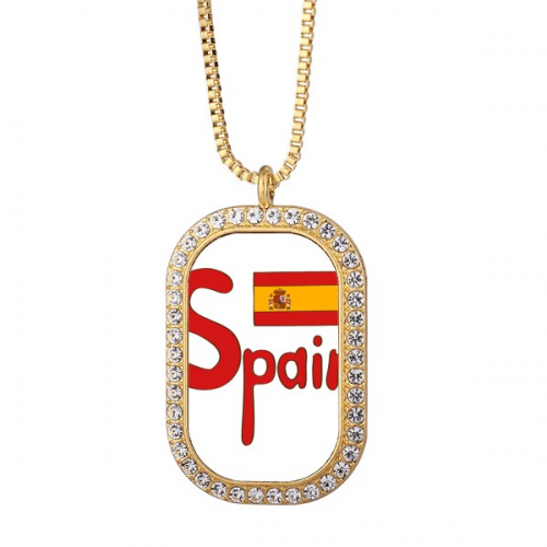 Spain National Flag Red Pattern Necklace Pendant Diamond Crystal Golden Jewelry