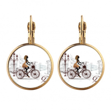 Bicycle Lady France Illustration Pattern Gold Clip On Drop Earrings Non Piercing Dangle Jewelry