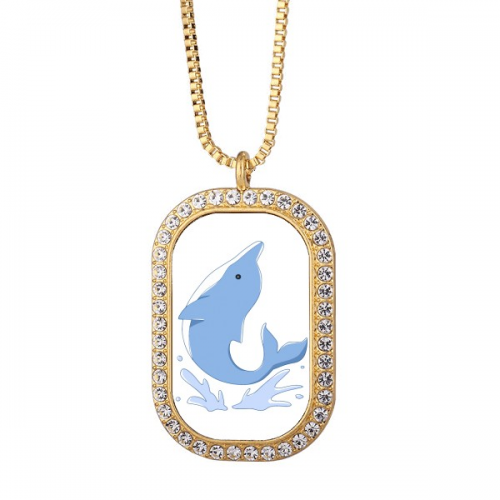Leaping Dolphin Spray Dexterity Necklace Pendant Diamond Crystal Golden Jewelry